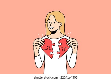 Smiling young woman connect jigsaw puzzles into heart. Happy girl join parts cure broken heart search for love. Vector illustration. 