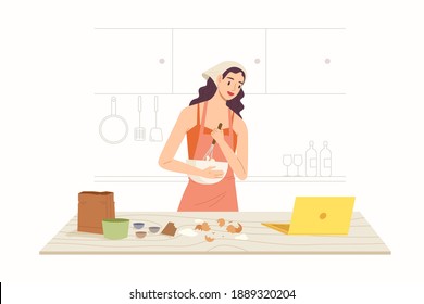 Smiling young woman cooking on kitchen table vector flat illustration. Preparing food isolated on white. Meal preparation. Baking cake, bakery or dessert. Quarantine at home. Free time hobby.
