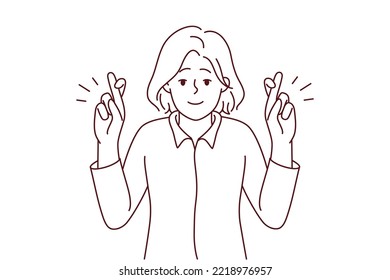 Smiling young woman cross fingers make wish. Happy female do hand gesture ask or hope for best. Vector illustration.