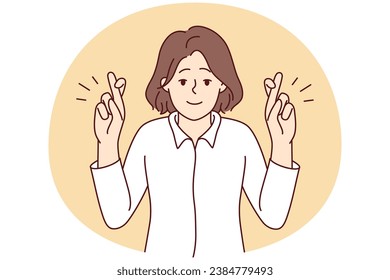 Smiling young woman cross fingers make wish. Happy female do hand gesture ask or hope for best. Vector illustration.