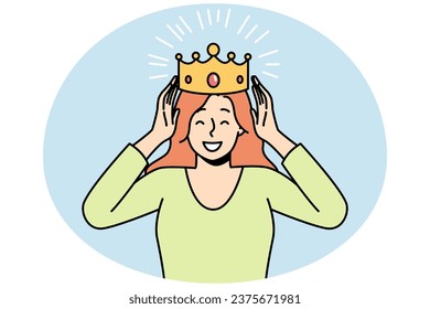 Smiling young woman with crown on head celebrate success. Happy confident female crowned for good results or achievements. Vector illustration.