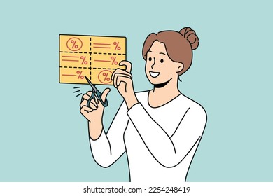Smiling young woman cut promotion codes from newspaper. Happy female buyer use discount or sale coupons for lowest price. Consumerism. Vector illustration. 