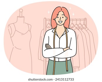 Smiling young woman designer standing near clothes collection on rack. Happy female dressmaker or seamstress posing near apparel in workshop. Vector illustration.