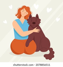 Smiling young woman with dog, pet. Love and friendship with animals. Vet clinic. Vector illustration in cartoon style