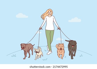 Smiling young woman with dogs on leashes walking in park. Happy girl pet walker with domestic animals outside. Vector illustration. 