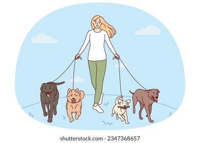 Smiling young woman with dogs on leashes walking in park. Happy girl pet walker with domestic animals outside. Vector illustration.