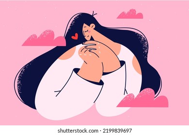 Smiling young woman dream of love and relationships. Happy female daydream and visualize. Imagination and dreamer. Vector illustration. 