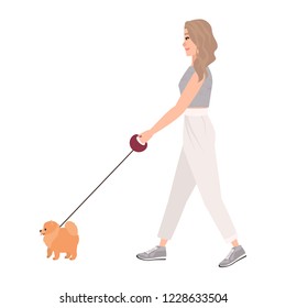 Smiling young woman dressed in casual clothing walking dog on leash. Pretty girl performing outdoor activity with her pet or domestic animal. Colorful vector illustration in flat cartoon style.