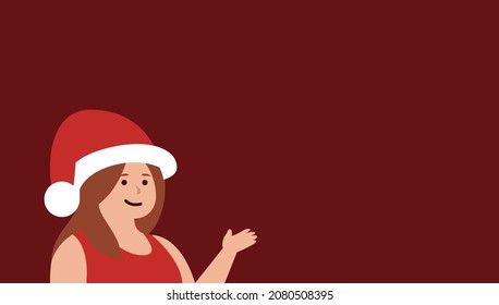 Smiling young woman dressed as Santa Claus vector illustration character on red background with copy space