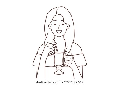 Smiling young woman drink coffee from glass cup. Happy girl enjoy latte or cappuccino with straw. Vector illustration. 