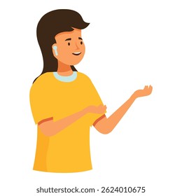 Smiling young woman with earphones listening to music and gesturing with hands