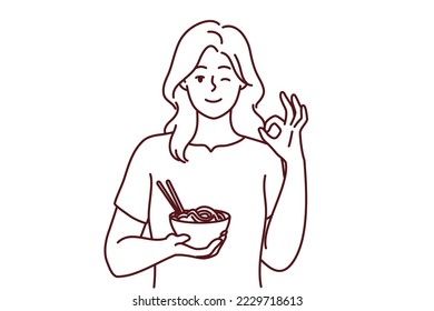 Smiling young woman eating Asian food show all right hand gesture. Happy girl enjoy noodles recommend restaurant. Recommendation. Vector illustration. 