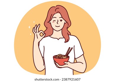 Smiling young woman eating Asian food show all right hand gesture. Happy girl enjoy noodles recommend restaurant. Recommendation. Vector illustration.