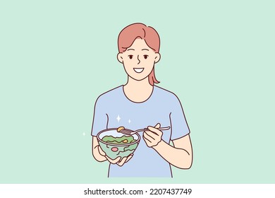 Smiling young woman eating healthy salad follow diet. Happy girl enjoy vegetable meal care about good habits. Nutrition and vegetarian lifestyle. Vector illustration. 