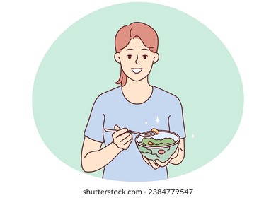 Smiling young woman eating healthy salad follow diet. Happy girl enjoy vegetable meal care about good habits. Nutrition and vegetarian lifestyle. Vector illustration.