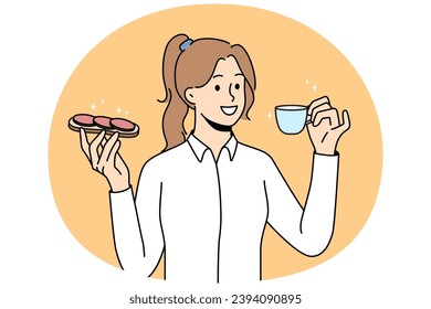 Smiling young woman eating sandwich drinking coffee. Happy girl enjoy lunch with bread and tea. Food break. Vector illustration.