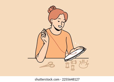 Smiling young woman embroidering with threads and needle at home. Happy female enjoy art and craft of weekend. Hobby and relaxation. Vector illustration. 