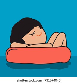 Smiling Young Woman  Enjoying And Relaxing On Inflatable Water Airbed Mattress Floating Concept Card Character illustration