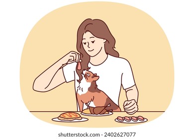 Smiling young woman feeding cat with food from table. Happy girl give tasty meal to cute kitten eating together at home. Vector illustration.