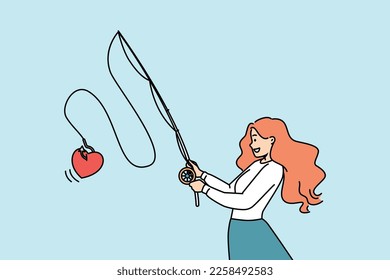 Smiling young woman with fishing rod catch heart on hook. Happy female make someone fall in love. Relationships and affection. Vector illustration. 