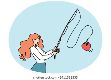 Smiling young woman with fishing rod catch heart on hook. Happy female make someone fall in love. Relationships and affection. Vector illustration.