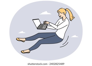 Smiling young woman flying in air working on laptop online. Happy female busy with computer job. Freelance and business concept. Vector illustration.
