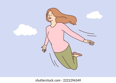 Smiling young woman flying in sky among clouds. Happy girl dreaming or visualizing. Dreamer in imaginations and fantasies. Vector illustration. 