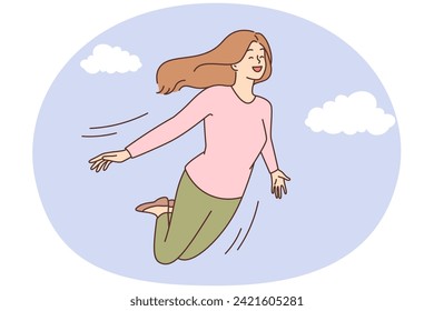 Smiling young woman flying in sky among clouds. Happy girl dreaming or visualizing. Dreamer in imaginations and fantasies. Vector illustration.