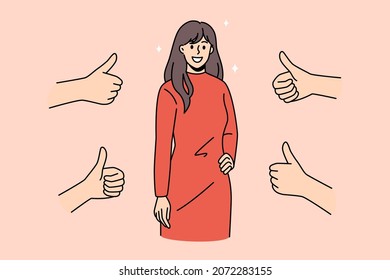Smiling young woman get likes of subscribers, feel popular in social media. Happy millennial girl receive acknowledgment and public approval. People give thumbs up. Recognition. Vector illustration. 
