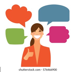 Smiling young woman girl showing thumb up speech bubbles