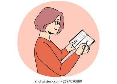 Smiling young woman in glasses take notes in notebook. Happy female write in notepad, make plan or list. Vector illustration.