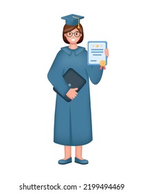 Smiling Young woman in graduate costume with diploma and laptop. Graduate, Education, learning, knowledge concept. 3d Realistic cartoon character vector illustration.