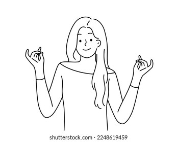 Smiling young woman with halo above head. Happy girl feeling saint and optimistic. Vector illustration. 