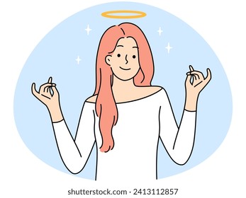 Smiling young woman with halo above head. Happy girl feeling saint and optimistic. Vector illustration.