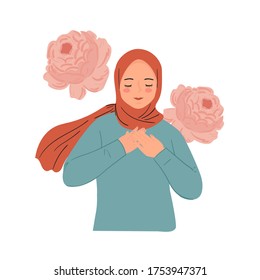 Smiling young woman with hands on chest with closed eyes and grateful gesture. Woman wear hijab modern trendy hand drawn vector.