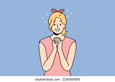 Smiling young woman with hands in prayer ask for forgiveness or beg. Happy girl feel hopeful and joyful praying. Faith and belief. Vector illustration. 