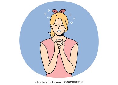 Smiling young woman with hands in prayer ask for forgiveness or beg. Happy girl feel hopeful and joyful praying. Faith and belief. Vector illustration.