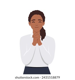 Smiling young woman with hands in prayer ask for forgiveness or beg. Flat vector illustration isolated on white background