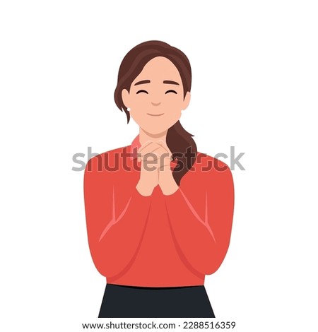 Smiling young woman with hands in prayer ask for forgiveness or beg. Happy girl feel hopeful and joyful praying. Faith and belief. Flat vector illustration isolated on white background