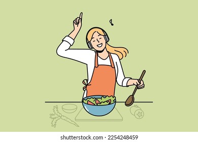 Smiling young woman have fun cooking in kitchen listening to music in earphones. Happy female wear wireless headphones preparing healthy salad at home. Vector illustration. 