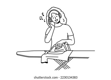 Smiling young woman in headphones ironing clothes at home. Happy African American girl listen to music in earphones do house chores. Vector illustration. 