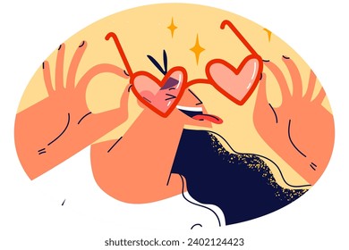 Smiling young woman in heart shaped sunglasses with pink lenses. Happy girl see world through pink glasses. Dream and imagination. Vector illustration.