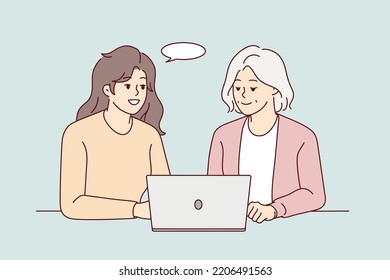 Smiling young woman help elderly female deal with modern laptop. Happy grownup daughter and mature mom use computer together. Technology and aged people. Vector illustration. 