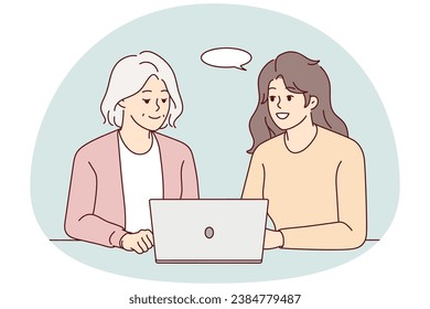 Smiling young woman help elderly female deal with modern laptop. Happy grownup daughter and mature mom use computer together. Technology and aged people. Vector illustration.