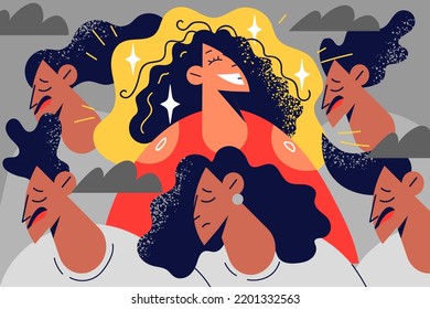 Smiling young woman hiding negative emotions suffer from depression. Joyful girl struggle from mental psychological problems. Vector illustration. 