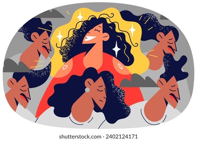 Smiling young woman hiding negative emotions suffer from depression. Joyful girl struggle from mental psychological problems. Vector illustration.
