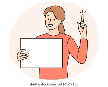 Smiling young woman hold blank poster card point up with finger. Happy girl with empty mockup placard show upward with finger. Vector illustration.