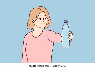 Smiling young woman hold bottle of water recommend drinking clear clean aqua. Happy female make recommendation for healthy lifestyle. Vector illustration. 