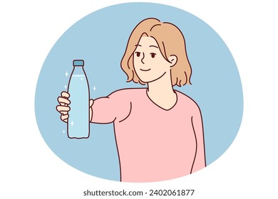 Smiling young woman hold bottle of water recommend drinking clear clean aqua. Happy female make recommendation for healthy lifestyle. Vector illustration.