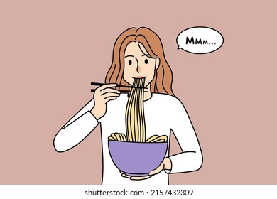 Smiling Young Woman Hold Bowl Eat Ramen With Chopsticks. Happy Girl Sue Stocks Enjoy Japanese Noodles In Restaurant. Japan Culture And Cuisine. Vector Illustration. 